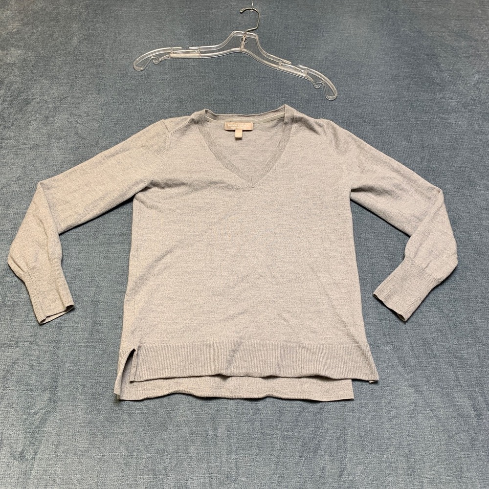 Banana Republic Extra Merino Wool Sweater Womens Small Petite Gray Ribbed Hem